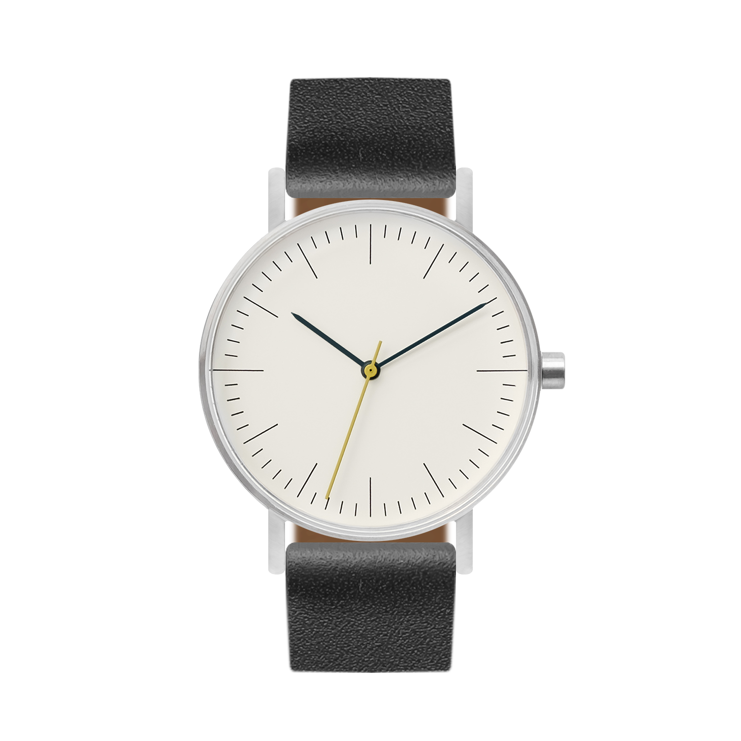 B001 Watch, Silver Case, Off White Dial, Leather Strap - Black - BIJOUONE