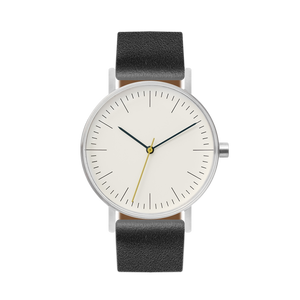B001 Watch, Silver Case, Off White Dial, Leather Strap - Black - BIJOUONE