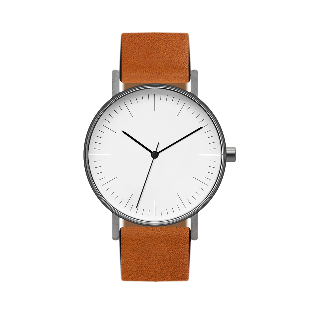 B001 Watch, Gunmetal Case, White Dial, Leather Strap