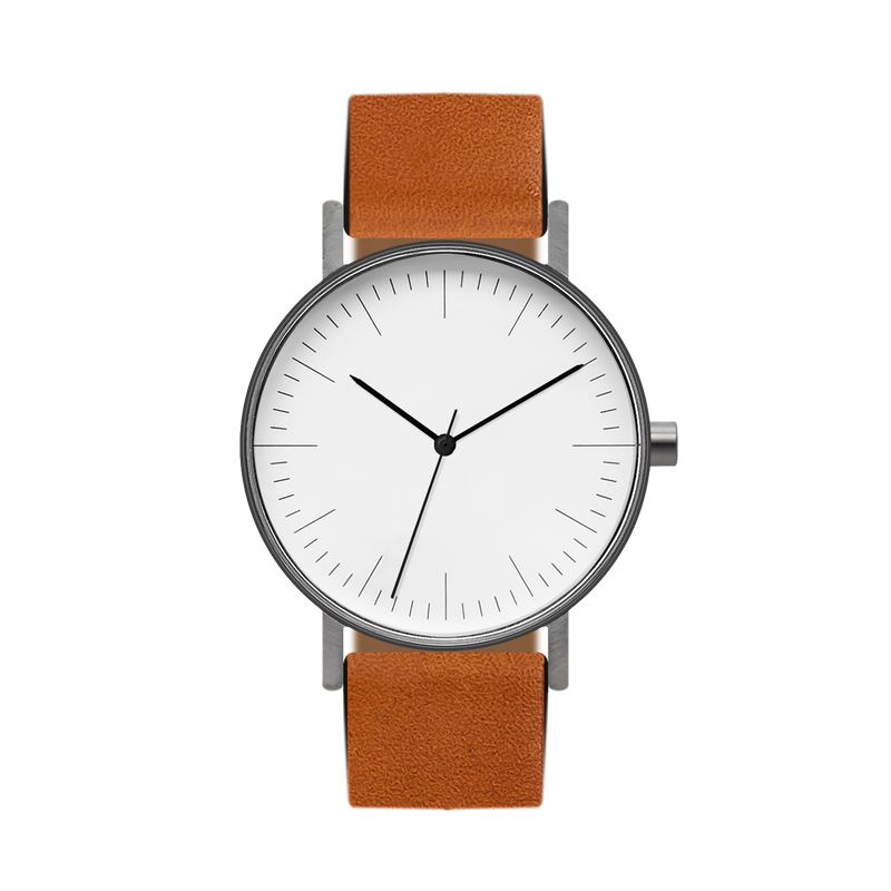 B001 Watch, Gunmetal Case, White Dial, Leather Strap
