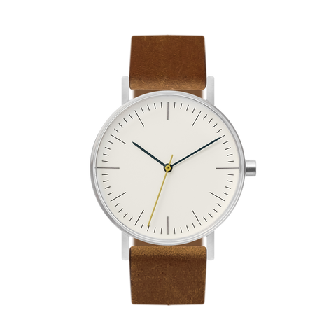 B001 Watch, Silver Case, Off White Dial, Leather Strap - Brown Suede