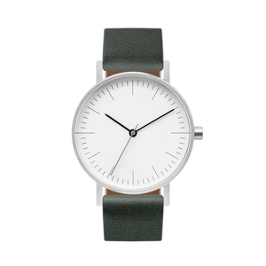 B001 Watch, Silver Case, White Dial, Leather Strap