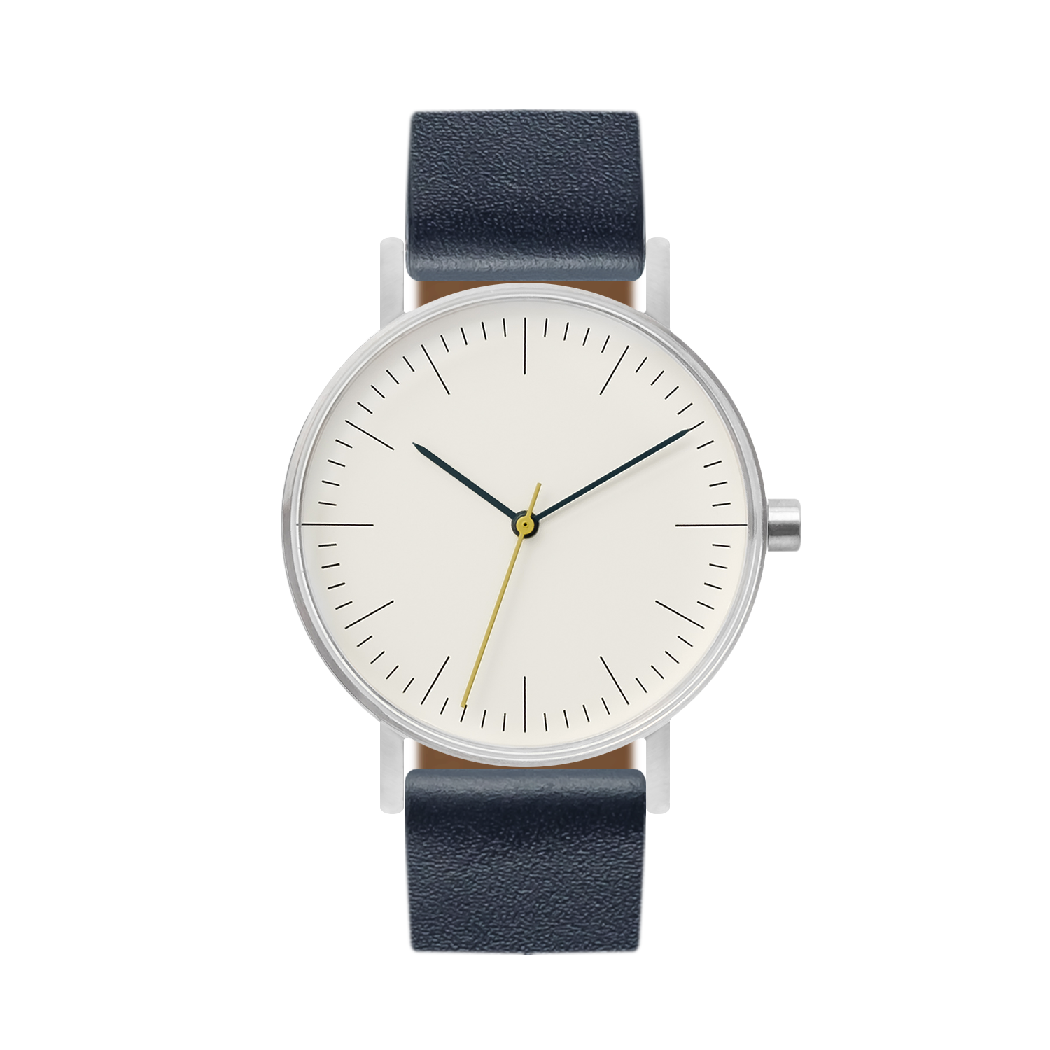 B001 Watch, Silver Case, Off White Dial, Leather Strap - Navy - BIJOUONE