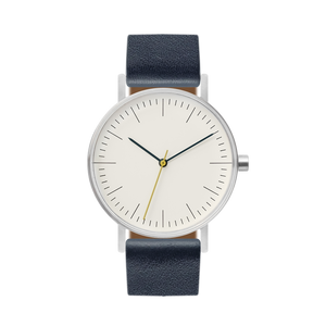 B001 Watch, Silver Case, Off White Dial, Leather Strap - Navy - BIJOUONE