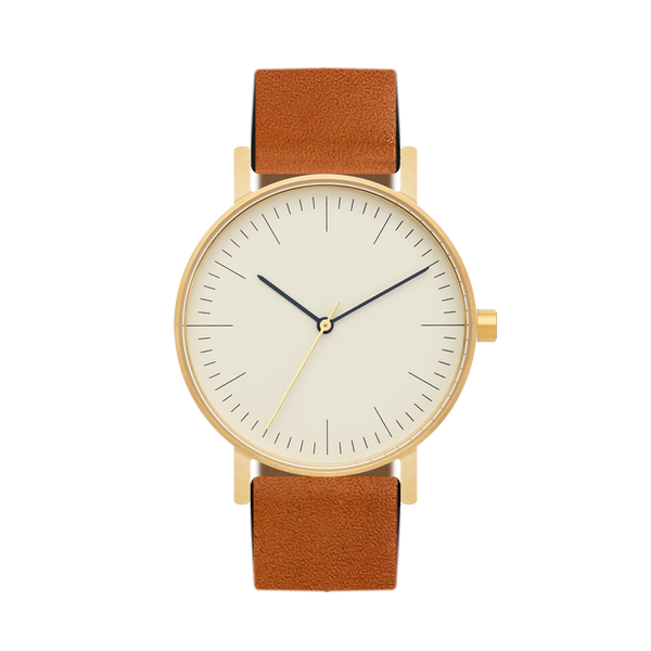 B001 Watch, Gold Case, Off White Dial, Leather Strap - Tan