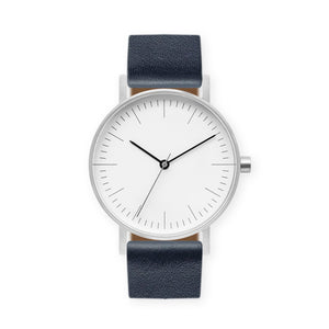 B001 Watch, Silver Case, White Dial, Leather Strap - Navy - BIJOUONE