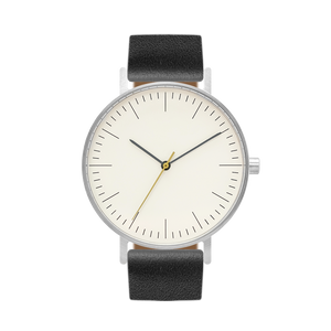 B001 Watch, Silver Case, Off White Dial, Leather Strap - Black - BIJOUONE