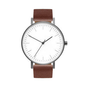B001 Watch, Gunmetal Case, White Dial, Leather Strap - Coffee - BIJOUONE