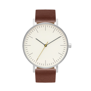 B001 Watch, Silver Case, Off White Dial, Leather Strap - Coffee - BIJOUONE