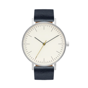 B001 Watch, Silver Case, Off White Dial, Leather Strap - Navy - BIJOUONE