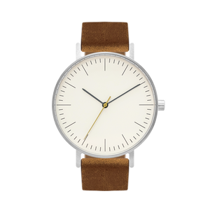 B001 Watch, Silver Case, Off White Dial, Leather Strap - Brown Suede - BIJOUONE