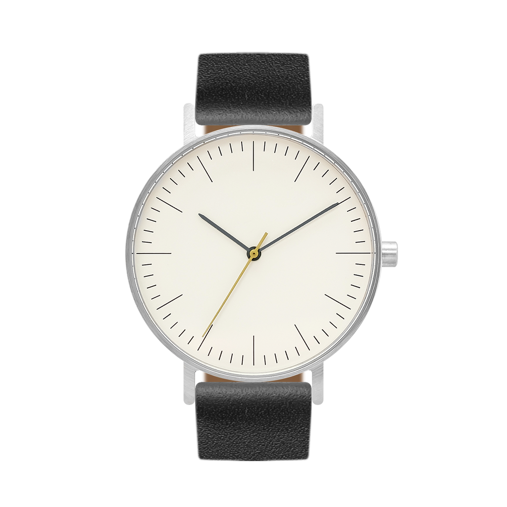 B001 Watch, Silver Case, Off White Dial, Leather Strap - Black