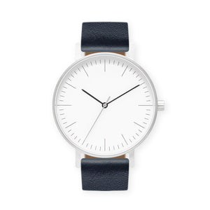 B001 Watch, Silver Case, White Dial, Leather Strap - Navy - BIJOUONE