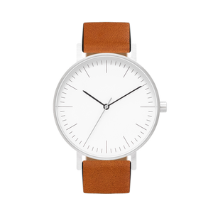 B001 Watch, Silver Case, White Dial, Leather Strap
