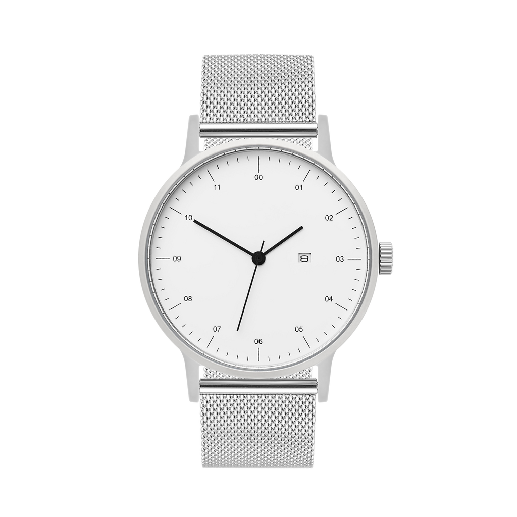 B30 Watch, Silver Case, White Dial, Calendar, Stainless Steel Mesh Strap