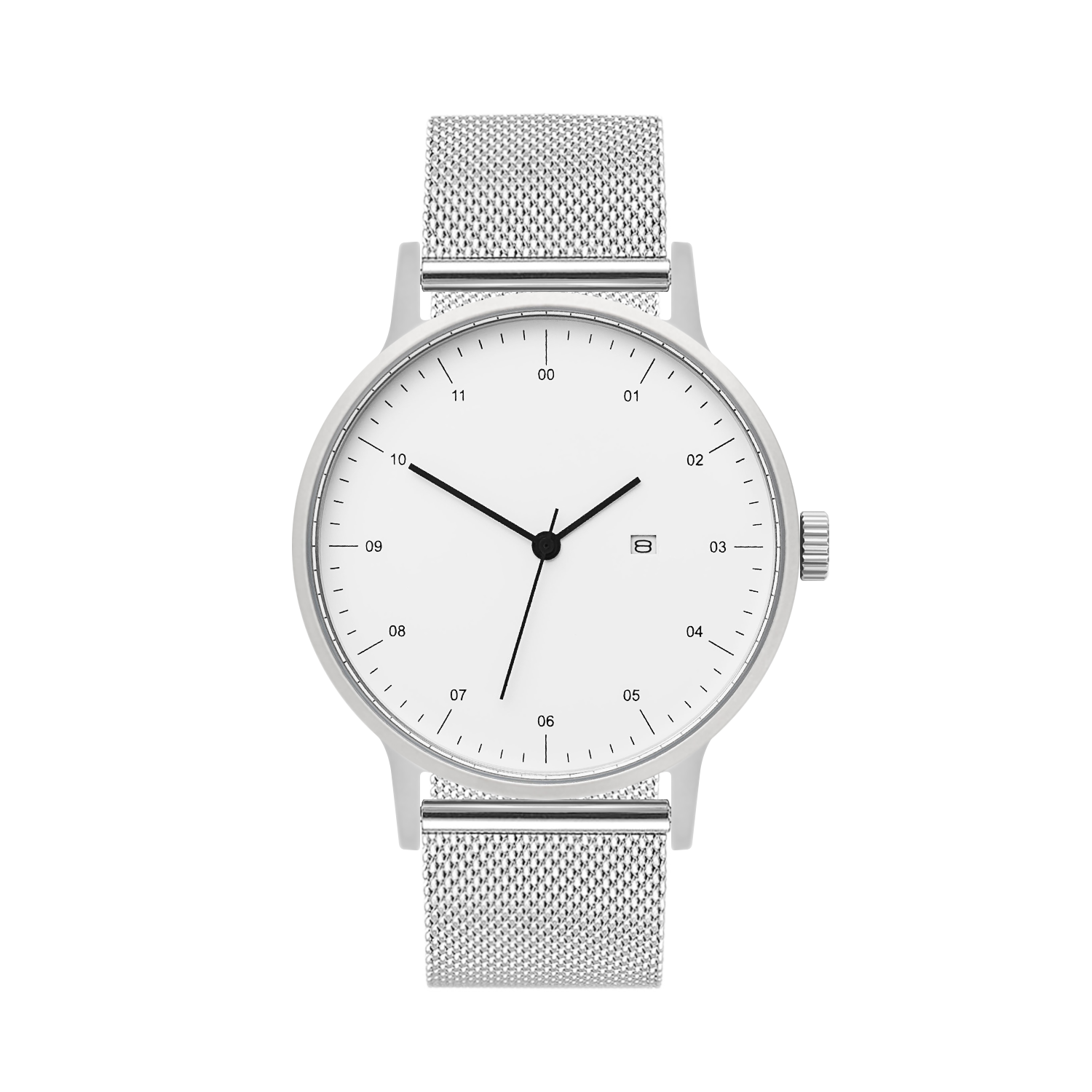 B30 Watch, Silver Case, White Dial, Calendar, Stainless Steel Mesh Strap