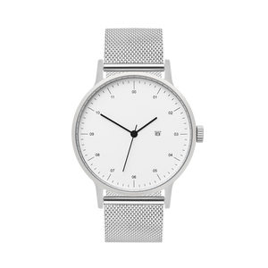 B30 Watch, Silver Case, White Dial, Calendar, Stainless Steel Mesh Strap