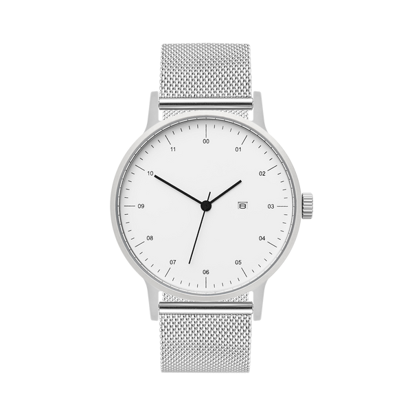 B30 Watch, Silver Case, White Dial, Calendar, Stainless Steel Mesh Strap