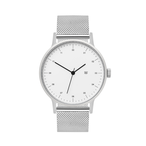 B30 Watch, Silver Case, White Dial, Calendar, Stainless Steel Mesh Strap