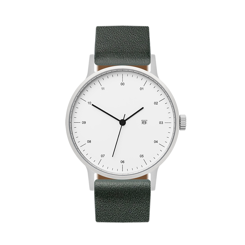 B30 Watch, Silver Case, White Dial, Calendar, Leather Strap - Green