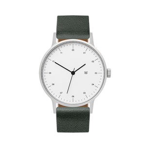 B30 Watch, silver case, green leather strap