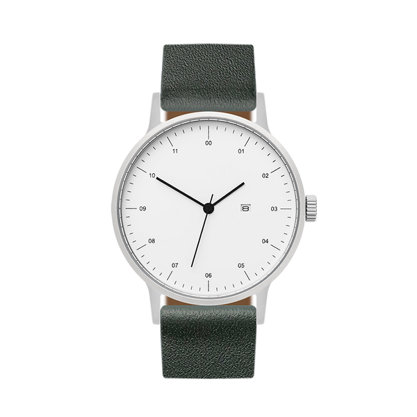 B30 Watch, Silver Case, White Dial, Calendar, Leather Strap - Green