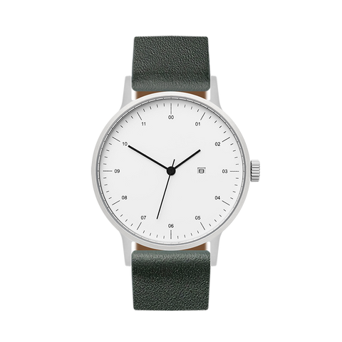 B30 Watch, Silver Case, White Dial, Calendar, Leather Strap - Green
