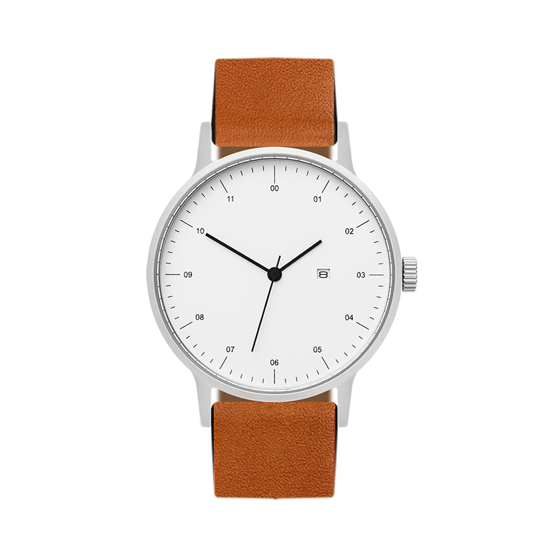 B30 Watch, Silver Case, White Dial, Calendar, Leather Strap - Tan