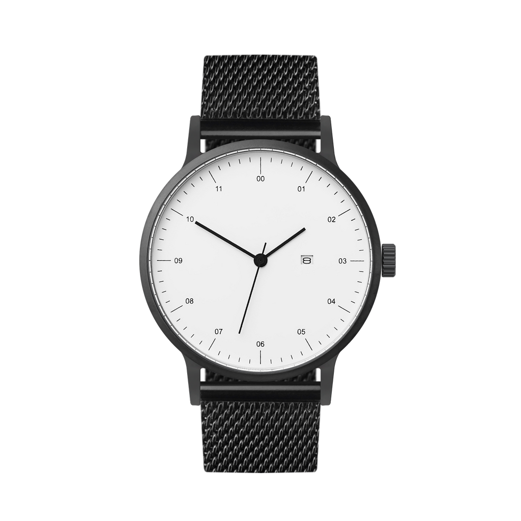 B30 Watch, Gunmetal Case, White Dial, Calendar, Black Stainless Steel Mesh Strap