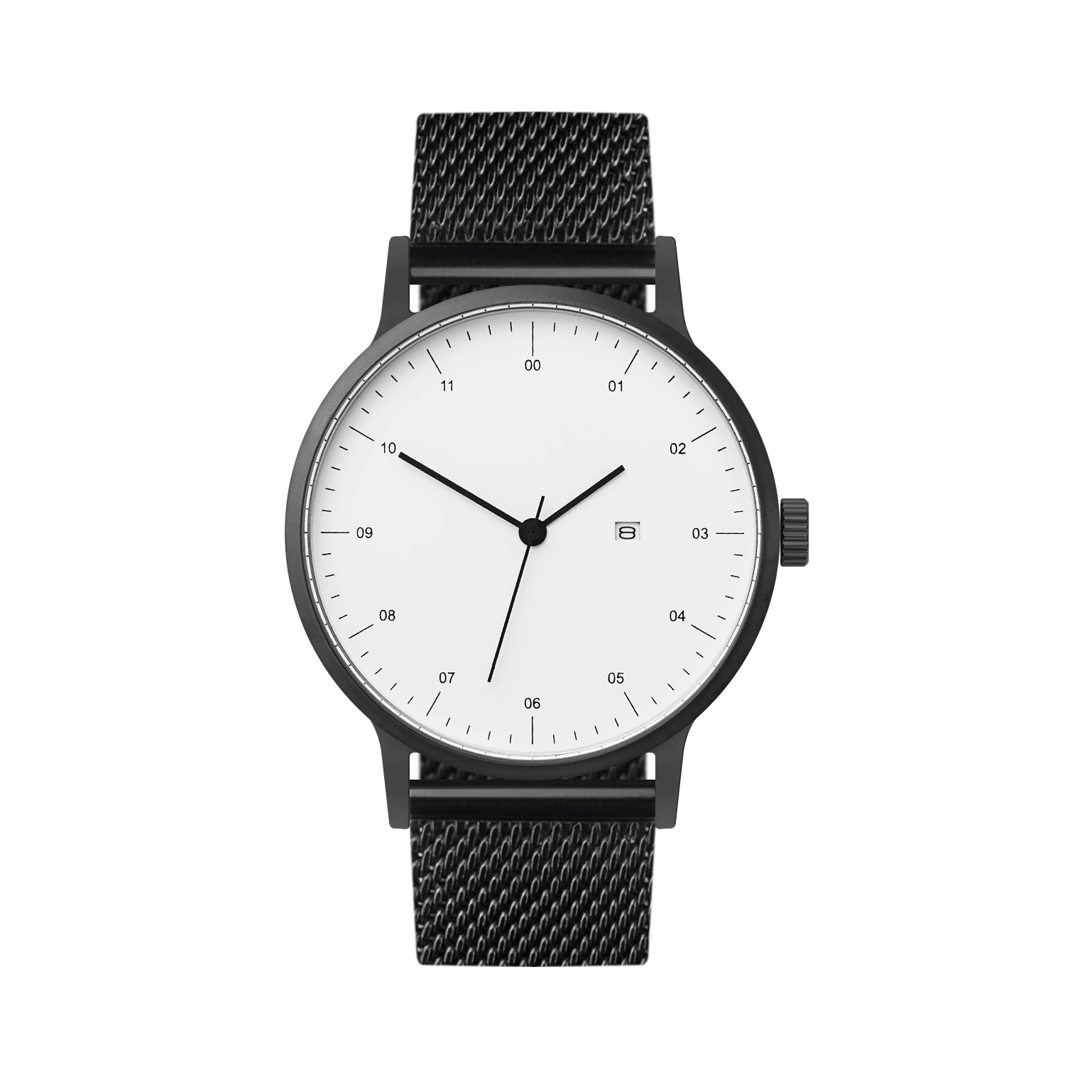 B30 Watch, Gunmetal Case, White Dial, Calendar, Black Stainless Steel Mesh Strap