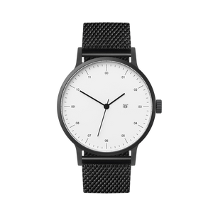 B30 Watch, Gunmetal Case, White Dial, Calendar, Black Stainless Steel Mesh Strap