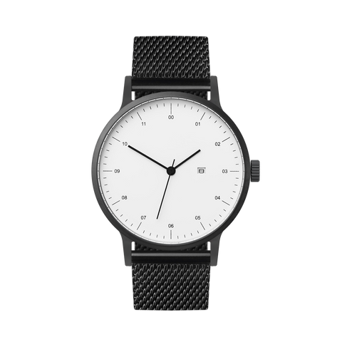 B30 Watch, Gunmetal Case, White Dial, Calendar, Black Stainless Steel Mesh Strap