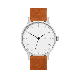 B30 Watch, silver case, tan leather strap
