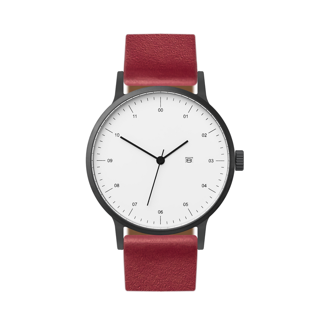 B30 Watch, Gunmetal Case, White Dial, Calendar, Leather Strap - Red