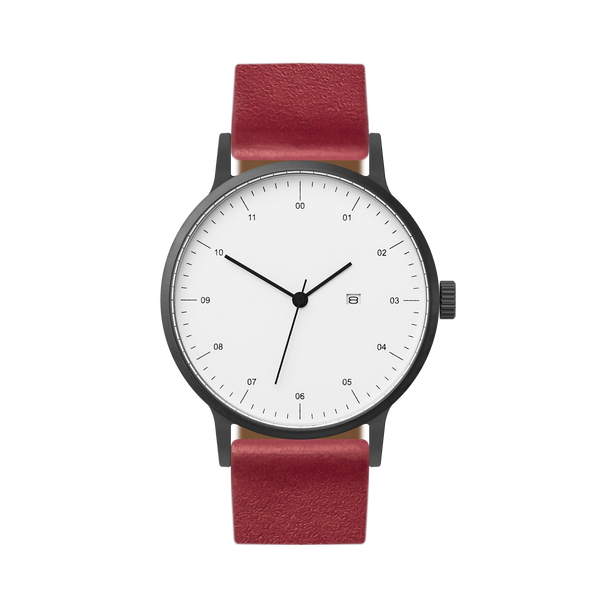 B30 Watch, Gunmetal Case, White Dial, Calendar, Leather Strap - Red