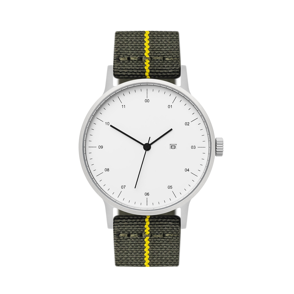 B30 Watch, Silver Case, White Dial, Calendar, Stretch Nylon Strap