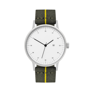 B30 Watch, Silver Case, White Dial, Calendar, Stretch Nylon Strap