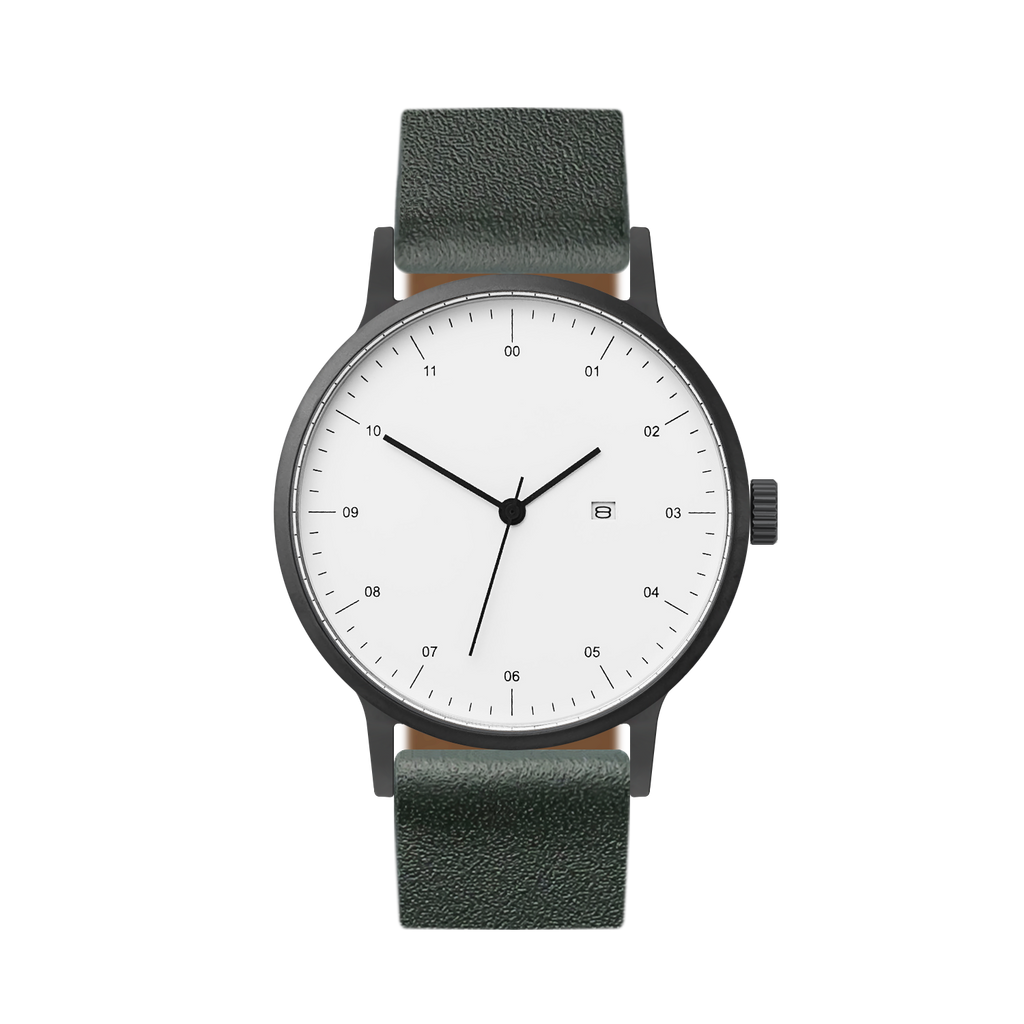 B30 Watch, Gunmetal Case, White Dial, Calendar, Leather Strap - Green