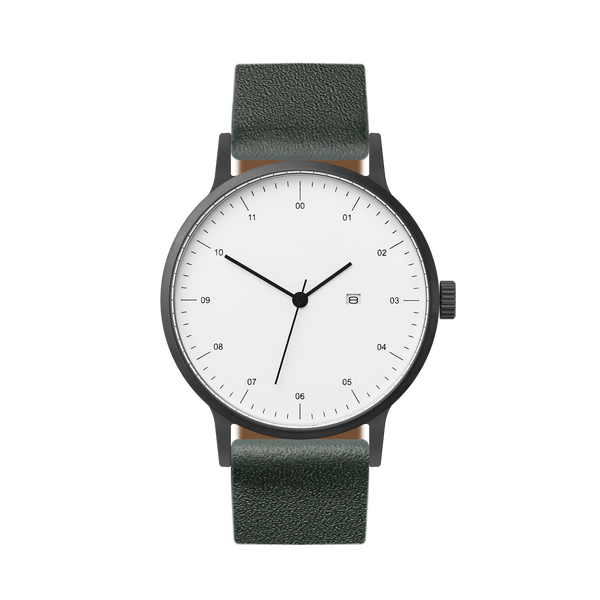 B30 Watch, Gunmetal Case, White Dial, Calendar, Leather Strap - Green