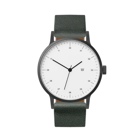 B30 Watch, Gunmetal Case, White Dial, Calendar, Leather Strap - Green