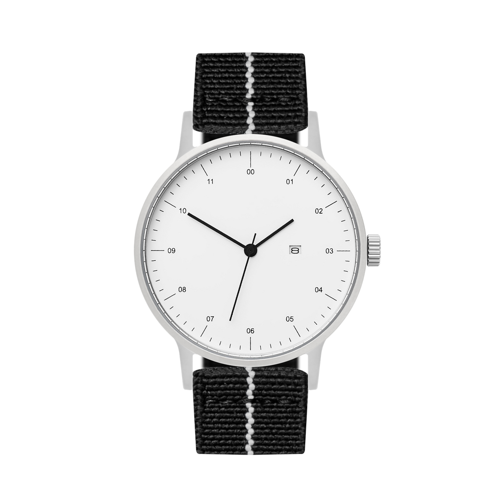B30 Watch, Silver Case, White Dial, Calendar, Stretch Nylon straps - Black