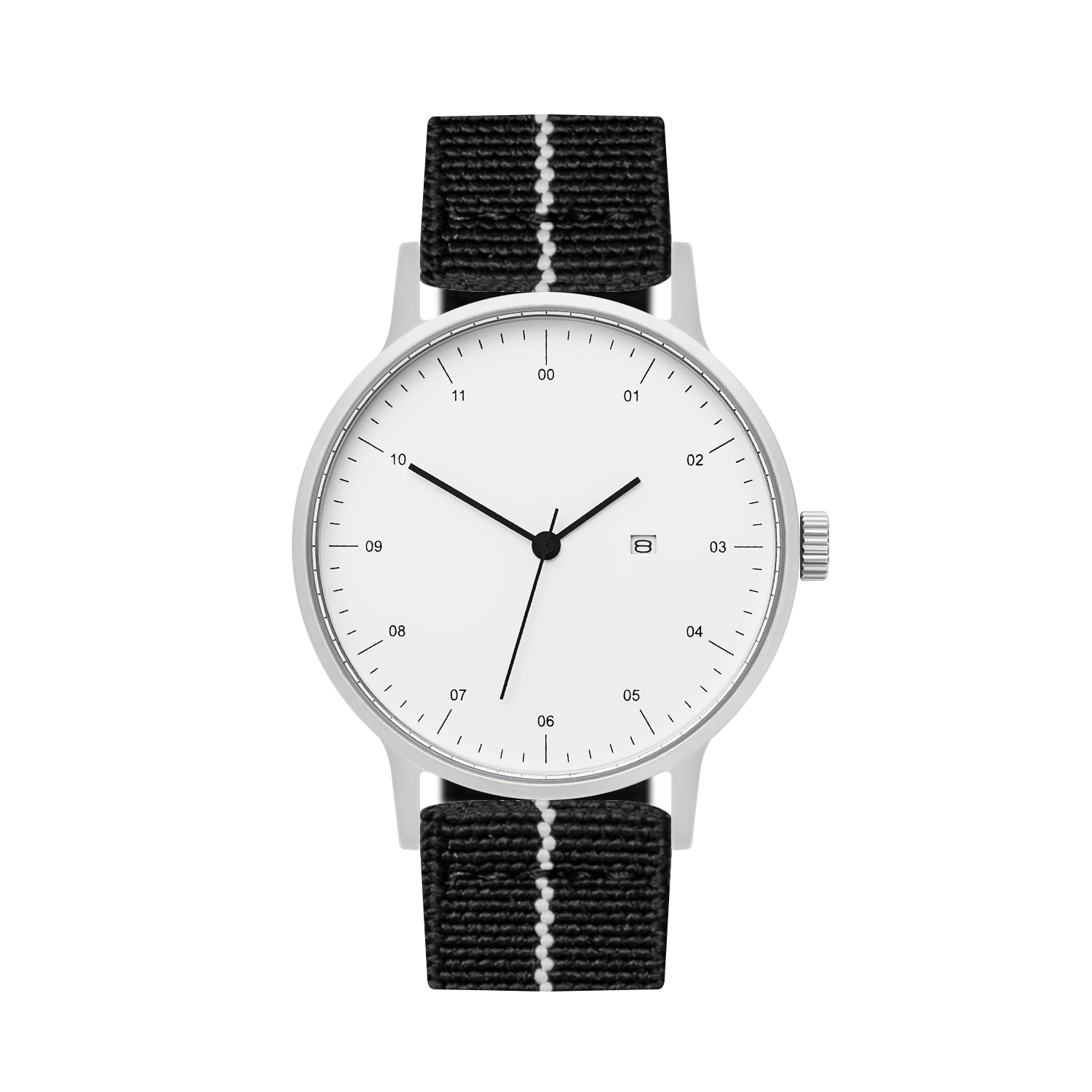 B30 Watch, Silver Case, White Dial, Calendar, Stretch Nylon straps - Black