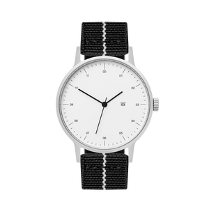 B30 Watch, Silver Case, White Dial, Calendar, Stretch Nylon straps - Black