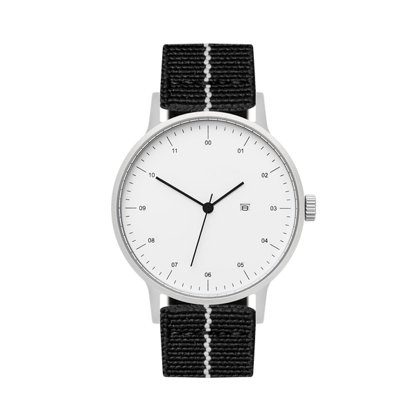 B30 Watch, Silver Case, White Dial, Calendar, Stretch Nylon straps - Black