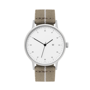 B30 Watch, Silver Case, White Dial, Calendar, Stretch Nylon Strap