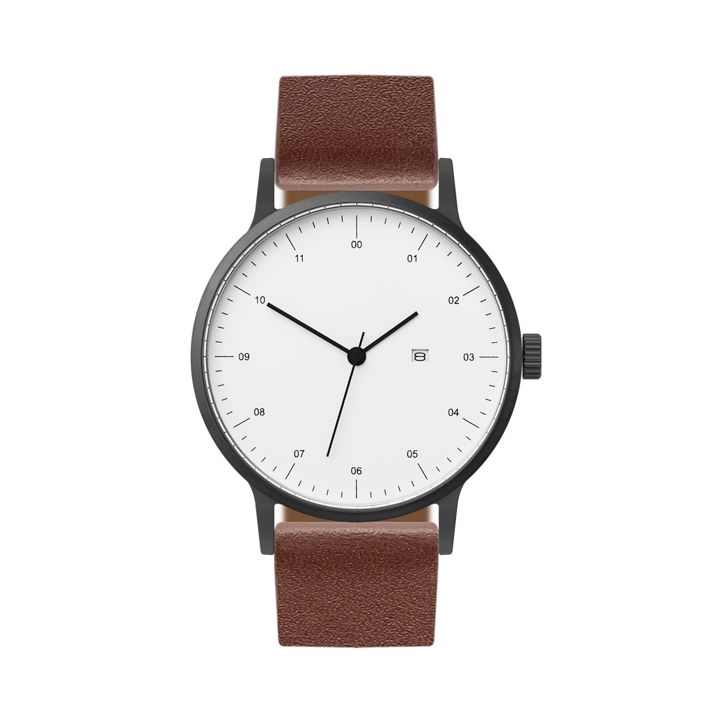 B30 Watch, Gunmetal Case, White Dial, Calendar, Leather Strap - Coffee
