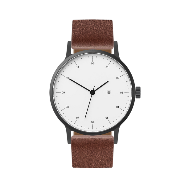 B30 Watch, Gunmetal Case, White Dial, Calendar, Leather Strap - Coffee