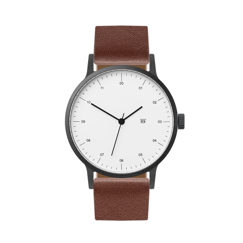 B30 Watch, Gunmetal Case, White Dial, Calendar, Leather Strap - Coffee
