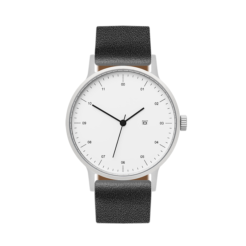 B30 Watch, Silver Case, White Dial, Calendar, Leather Strap - Black