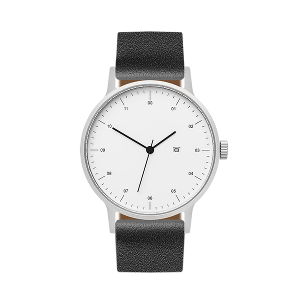 B30 Watch, Silver Case, White Dial, Calendar, Leather Strap - Black
